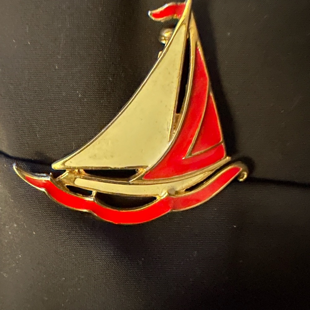 Red and White Sailboat Brooch with Enamel Finish